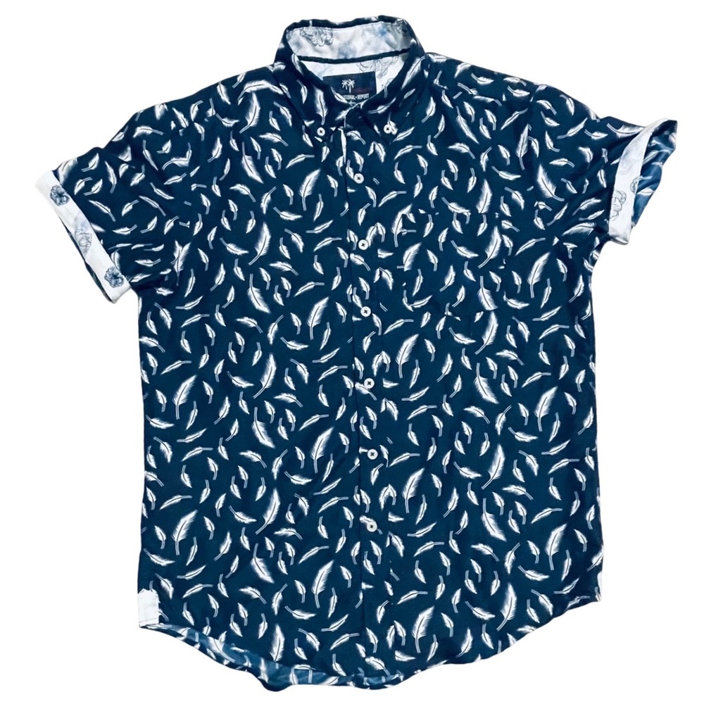 International Report Mens Navy Blue Feather Print Short Sleeve Button Down Shirt